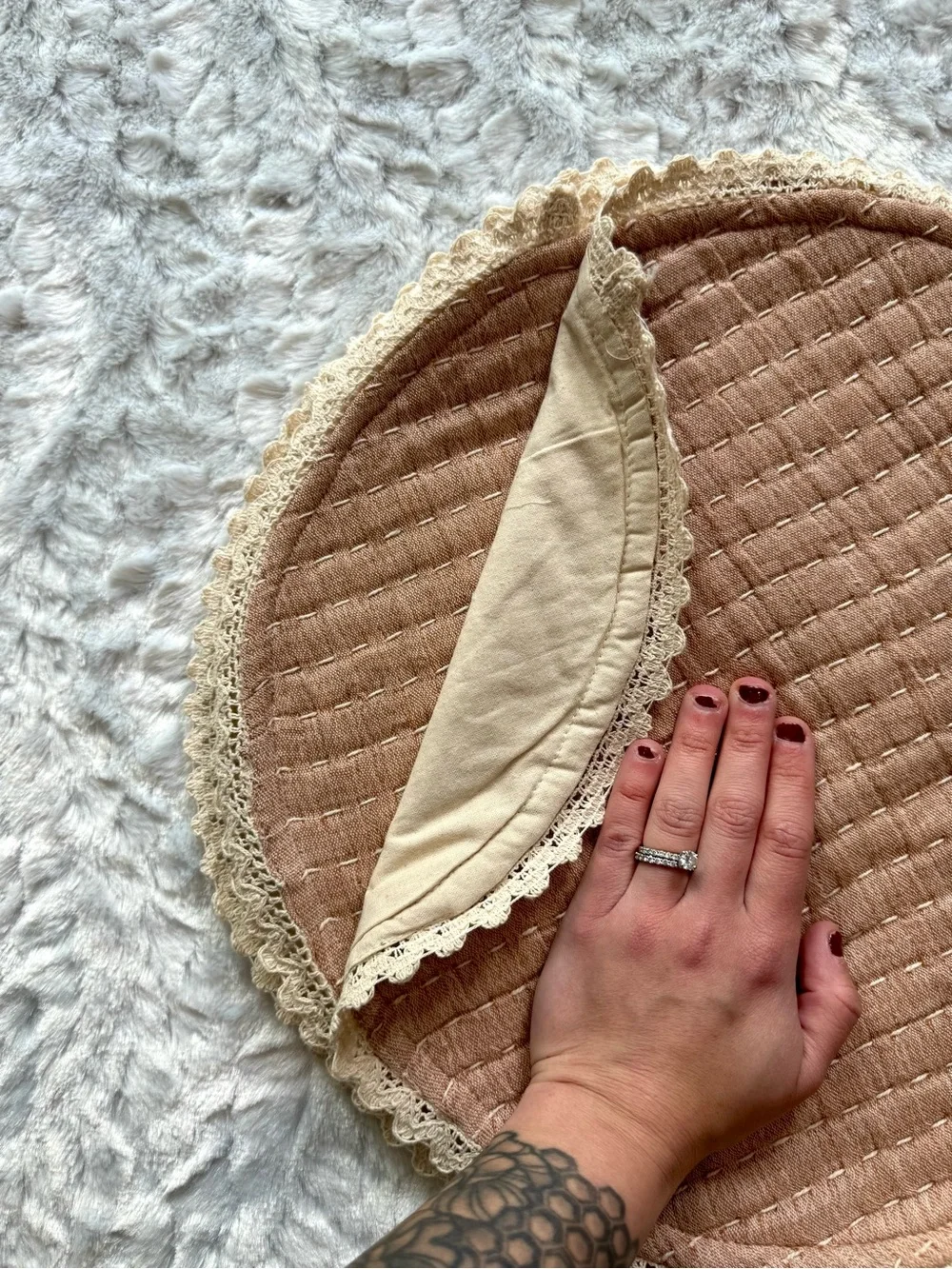 Round Quilted Accent Place Mats with Lace Trim - Blush Tan - set of 2